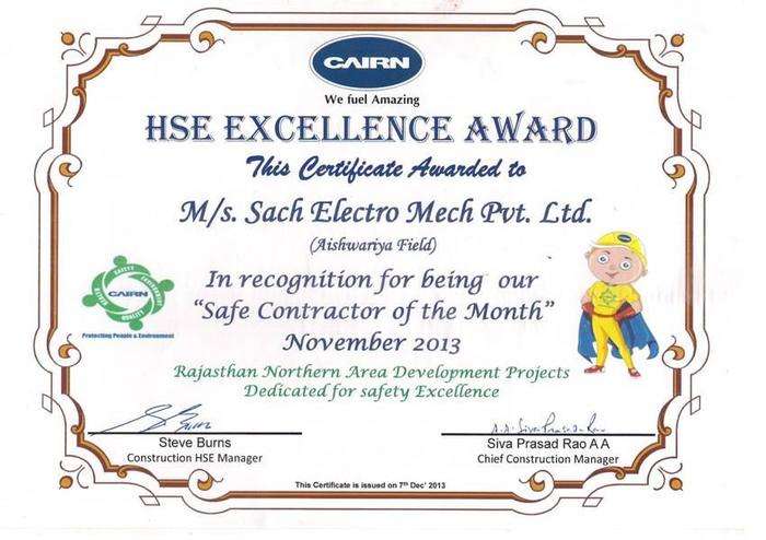 HSE Excellence Award by CAIRN INDIA LIMITED