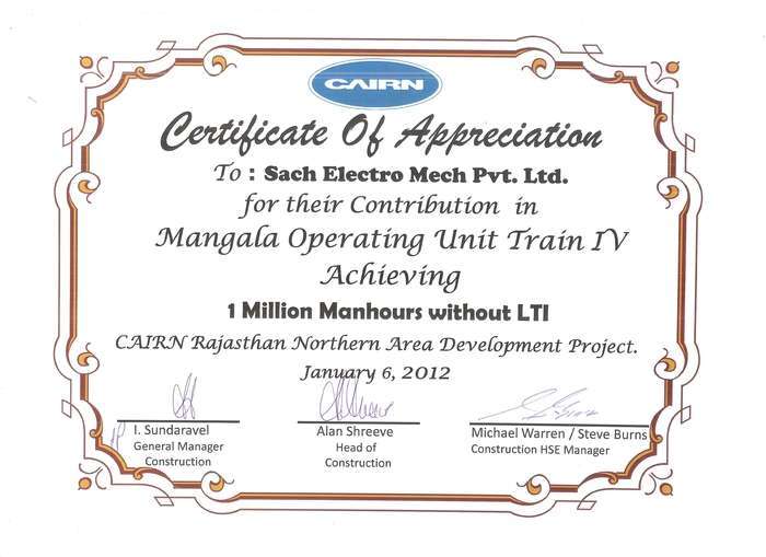 Appreciation - Man-hour without LTI by CAIRN INDIA LIMITED