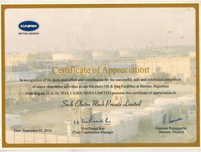 Award for Timely Completion of Shut down activities by CAIRN INDIA LIMITED